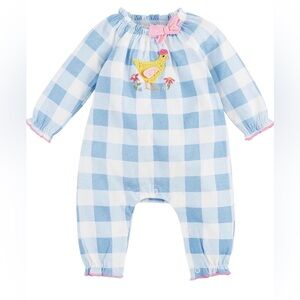 Mud Pie Blue and White Gingham Baby Romper with Chick Embroidery